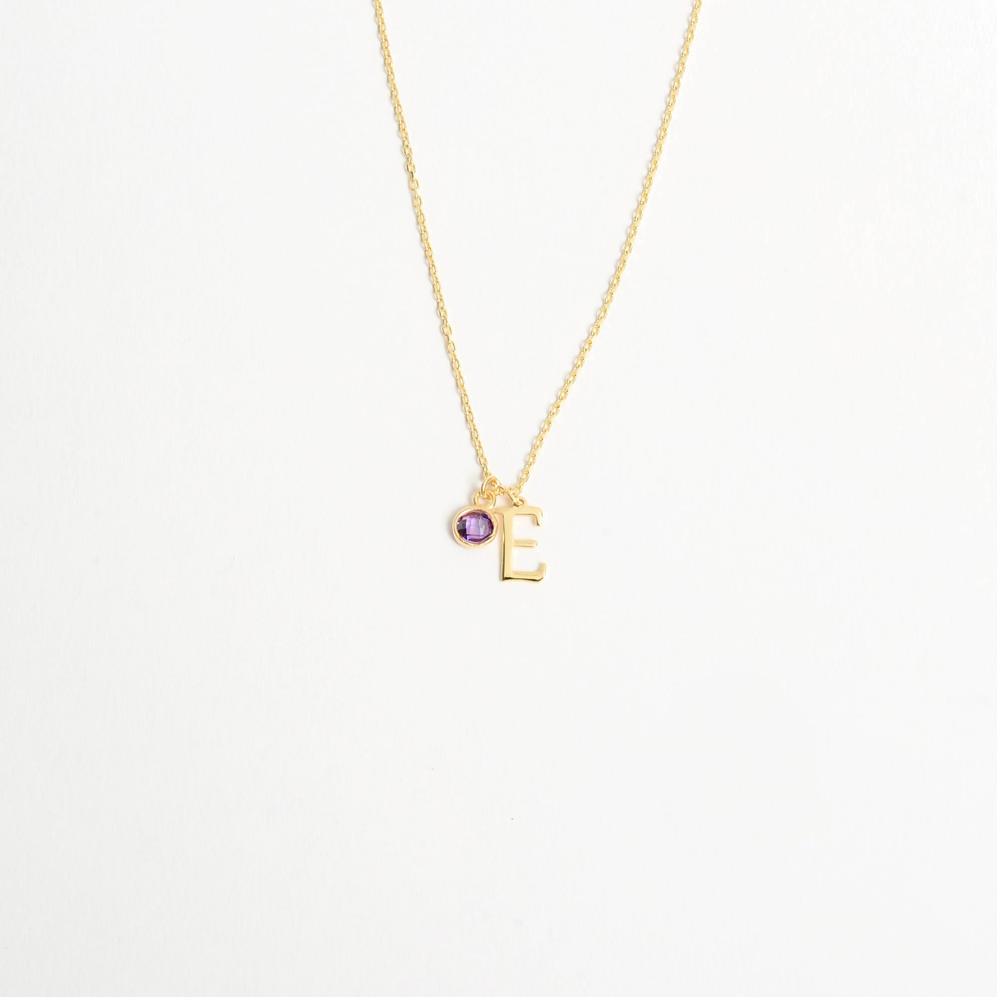 14K Solid Gold Initial Necklace with Birthstone