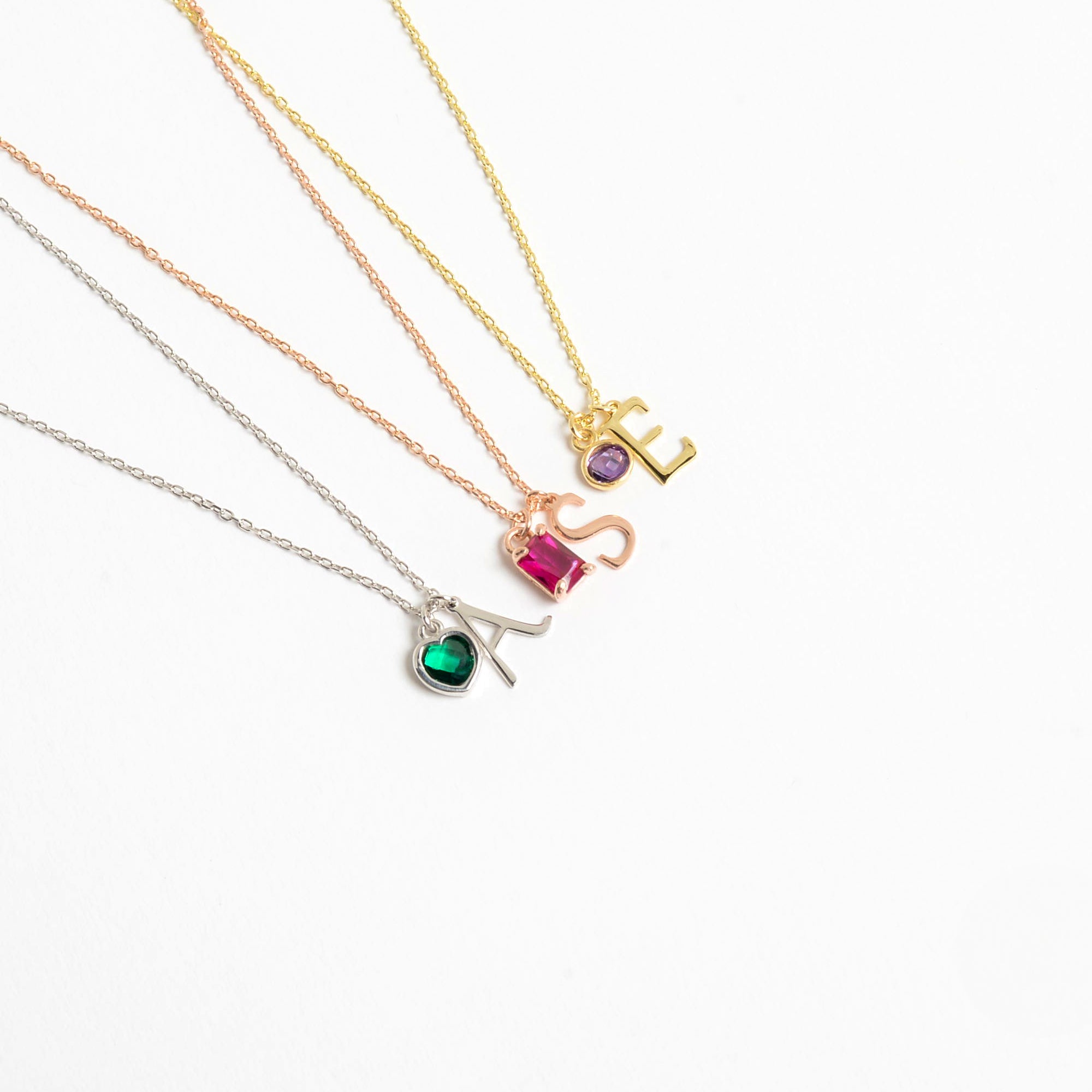 14K Solid Gold Initial Necklace with Birthstone