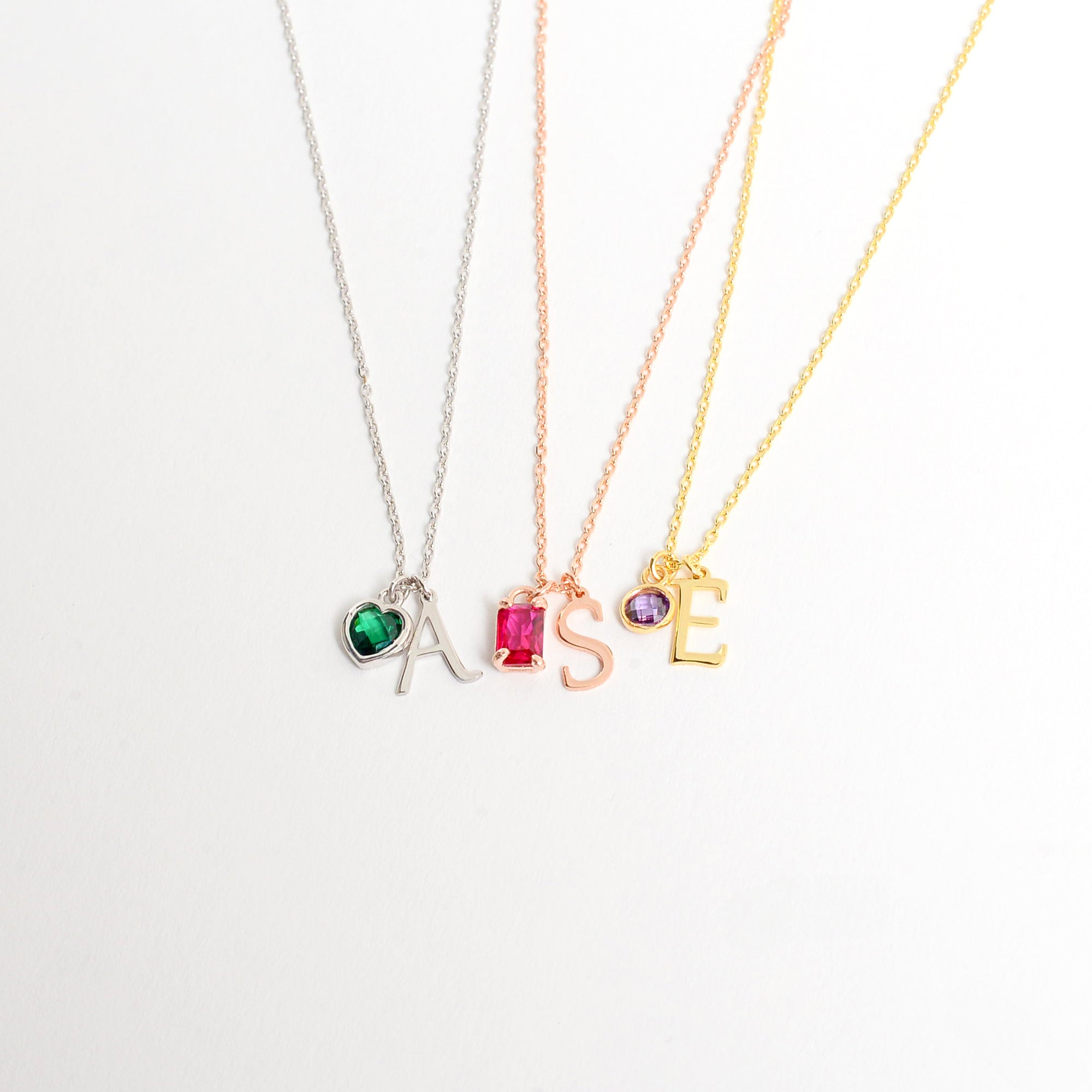14K Solid Gold Initial Necklace with Birthstone