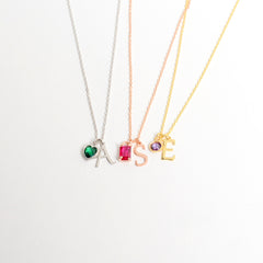14K Solid Gold Initial Necklace with Birthstone