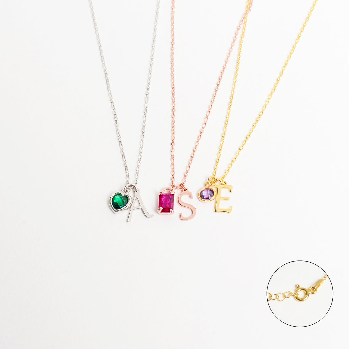 14K Solid Gold Initial Necklace with Birthstone